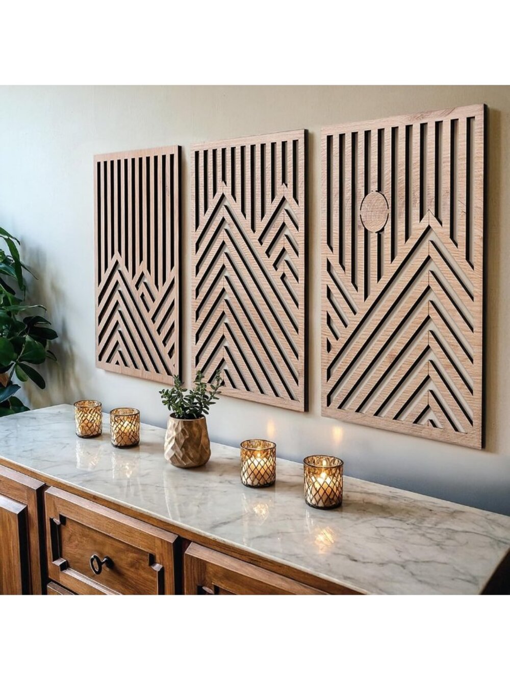 Set of 3 Modern Wooden Wall Sculptures - Large Home Decor Art for Living Room
